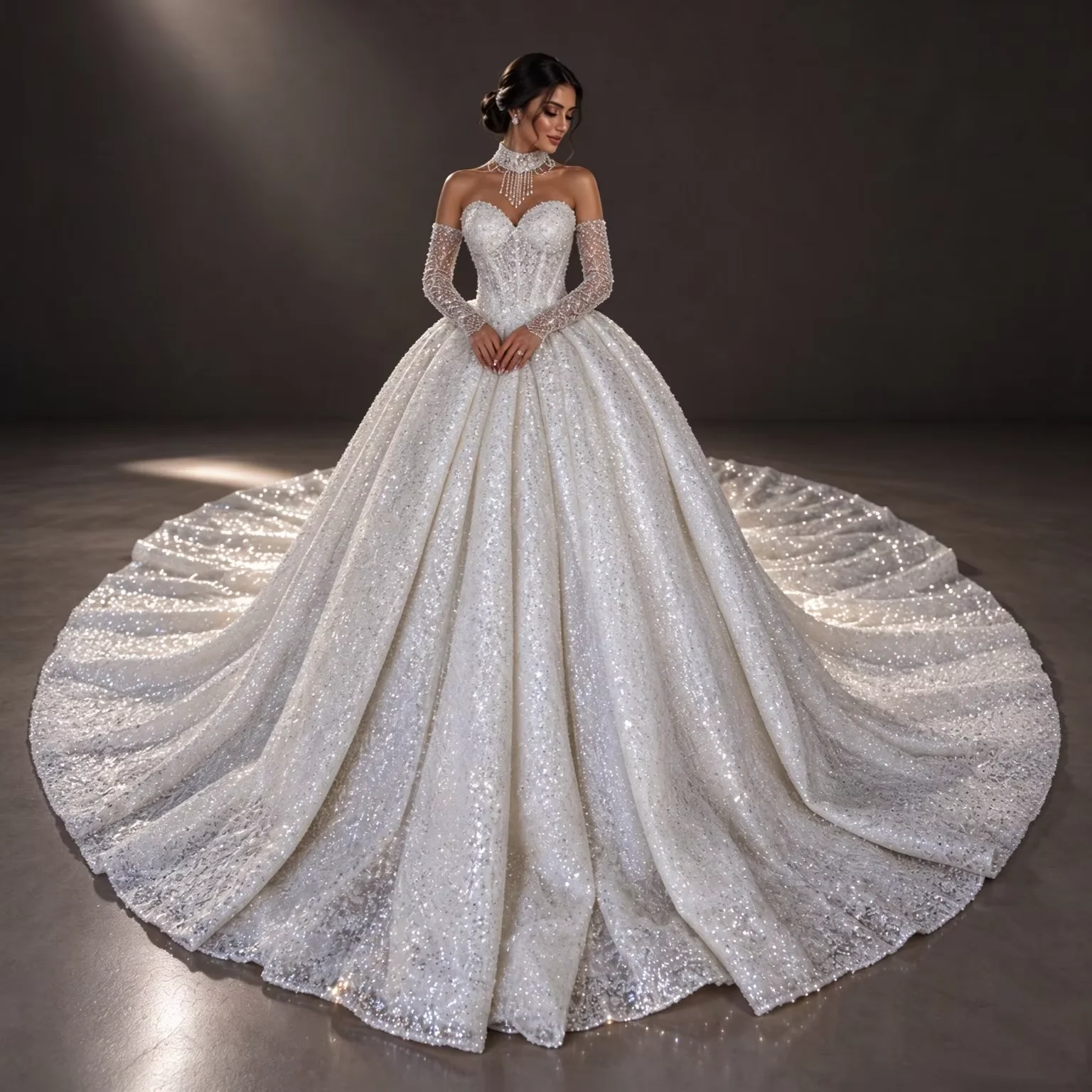 Luxury Sparkly Sequin Wedding Dress Princess Ball Gown Sweetheart Long Sleeves Cathedral Train Bridal Gown