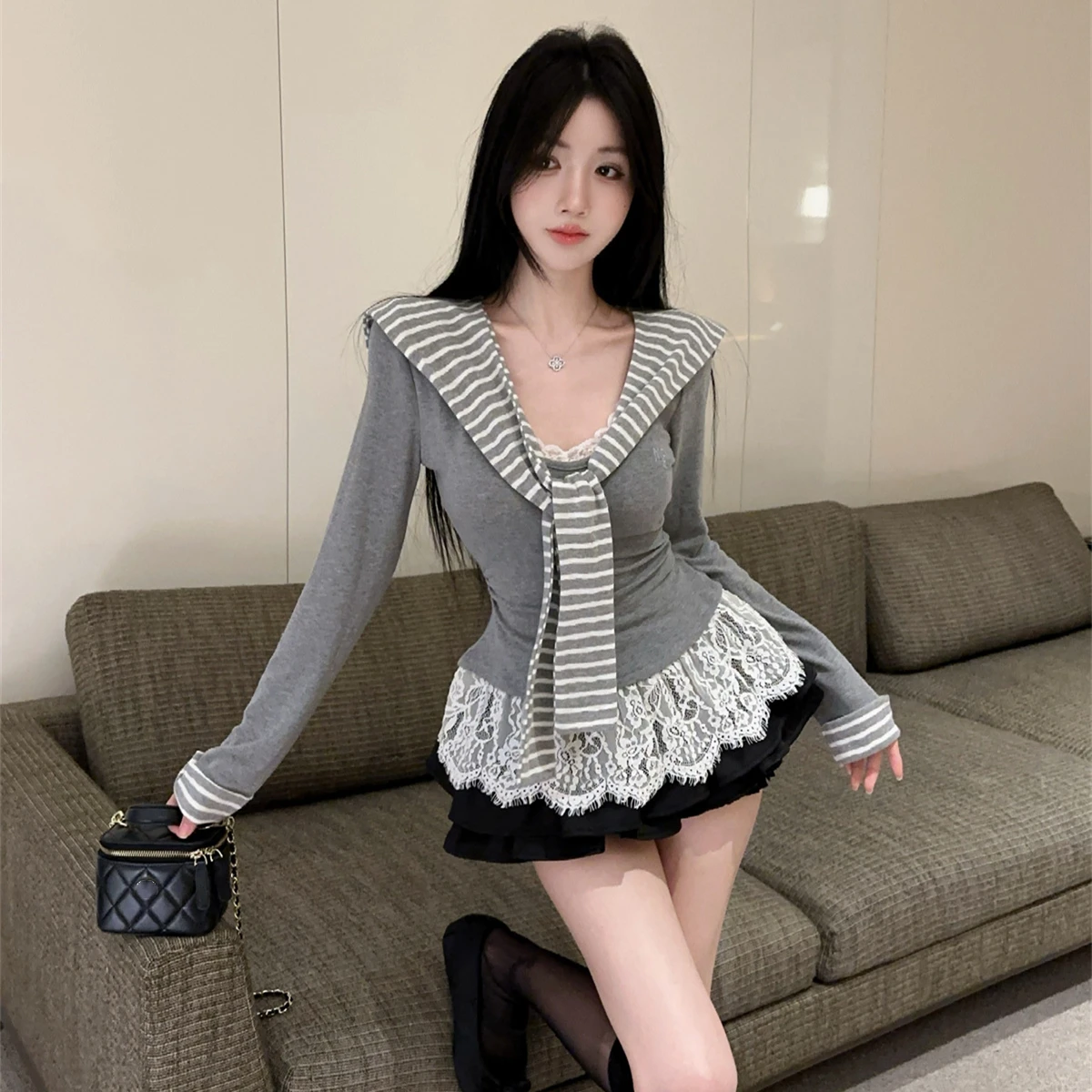 

Комплект колледжа Sle orm, кружевной топ с овальными шипами, пышная юбка для сексуальных девушек, осень-зима, Новое поступление, облегающая мода