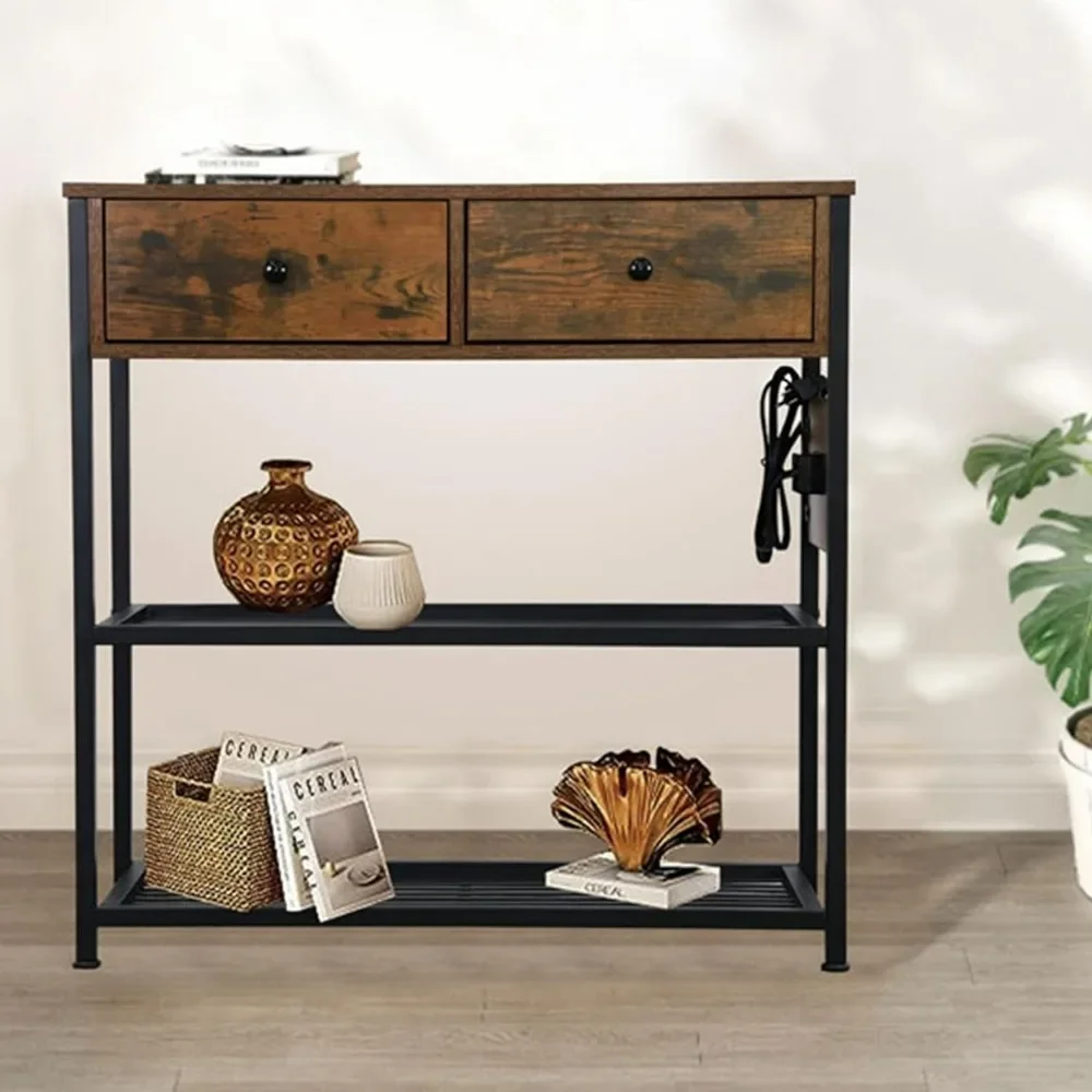 USB Ports,Entryway Table with Drawer,Storage Shelf,Sturdy Metal Frame,Wood Narrow Console Sofa Table