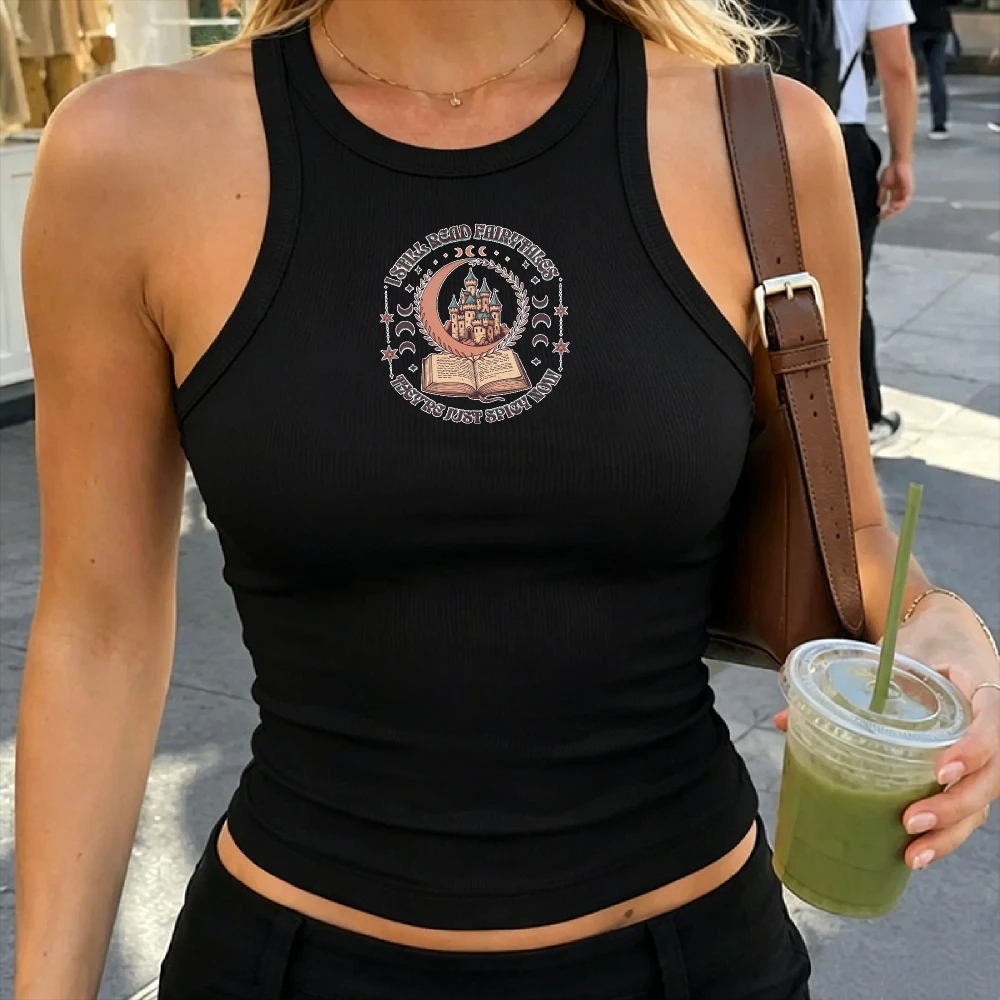 Dark Fantasy Book Lover Sweatshirt Ribbed Crop Top Tank Style Fitted Black Crescent Moons Stars Castle Emblem Text I Think Id Ra