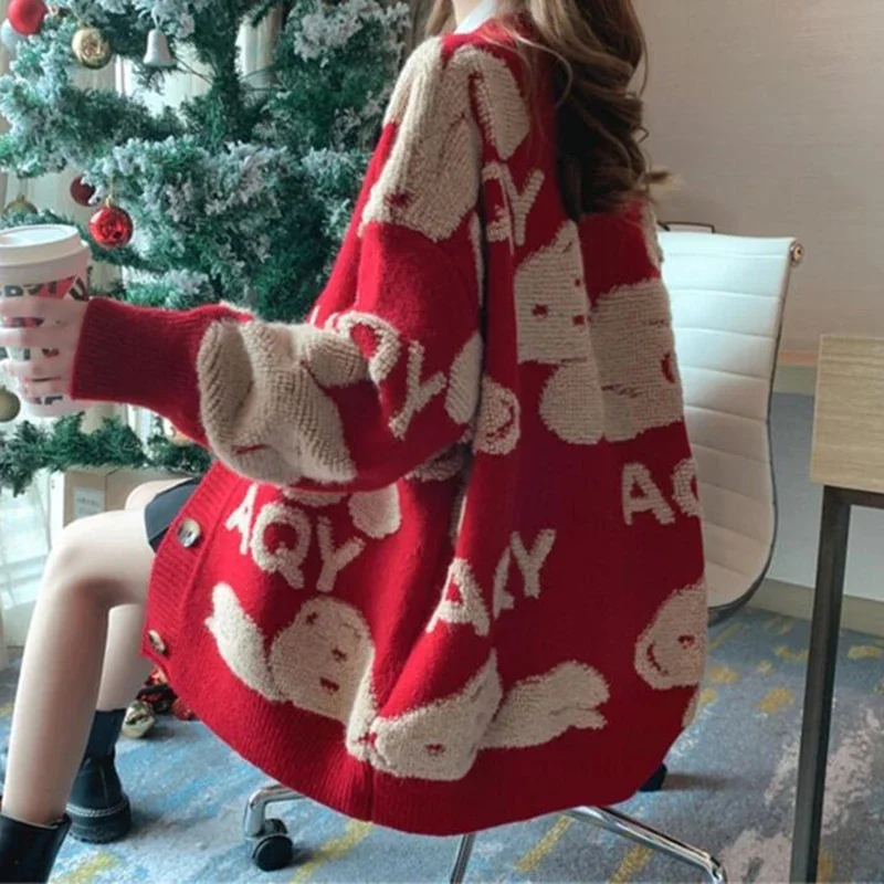 EVNISI Women Red Knitted Warm Sweater Bear Floral Printed Sweater Coat Single-breasted Cardigan Coat Women 2024 Autumn Winter