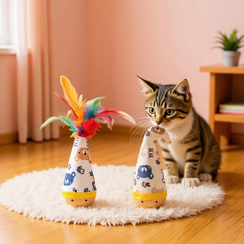 Cartoon-Bedrucktes Katzenspielzeug mit Künstlichen Federn, Robuster Holzstange, Interaktiver Katzenangel, zur Bewegungsförderung für Katzen