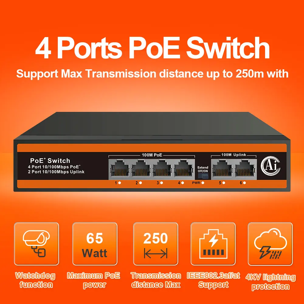AI PoE Switch 4 PoE ports+2 PoE uplink ports