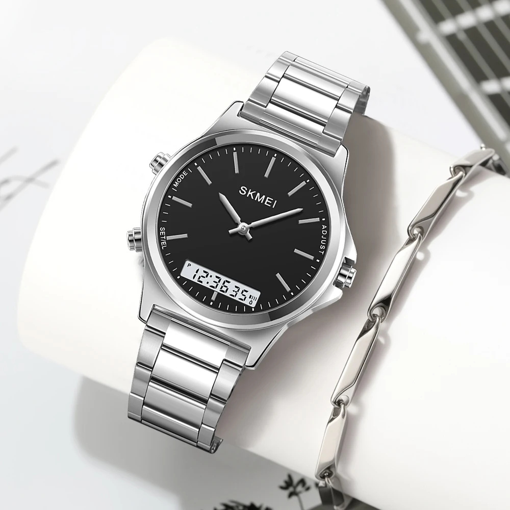 

SKMEI модные деловые цифровые часы для мужчин и женщин, полоса из нержавеющей стали, дисплей, водонепроницаемые кварцевые наручные часы и браслет, подарок