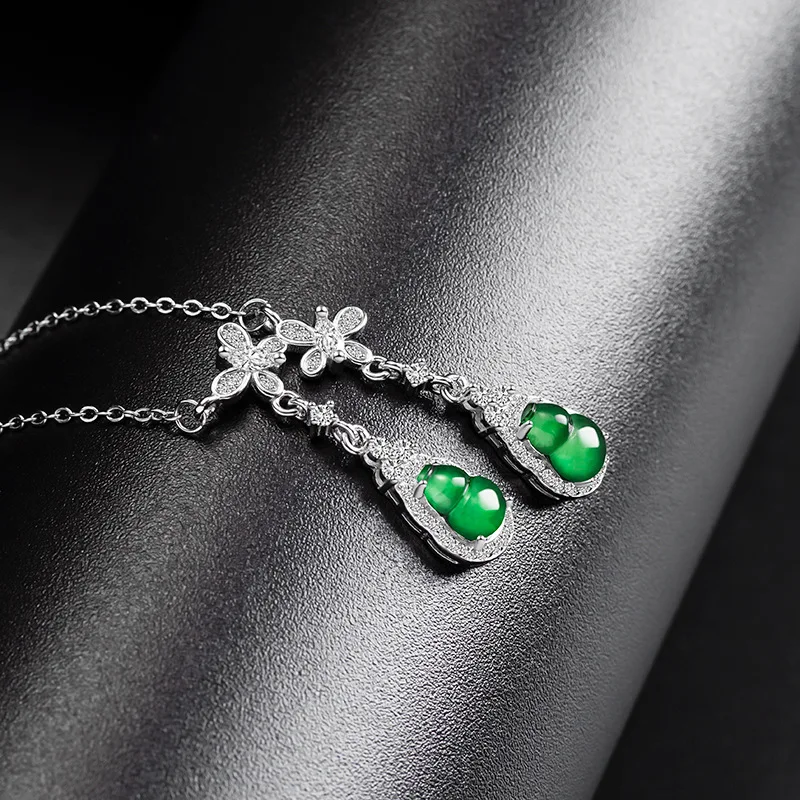 Natural A-grade Jade Sun Green Double Gourd Pendant S925 Silver Inlaid Ice Jadeite Women's Jewelry Fashion Hanging Set Chain