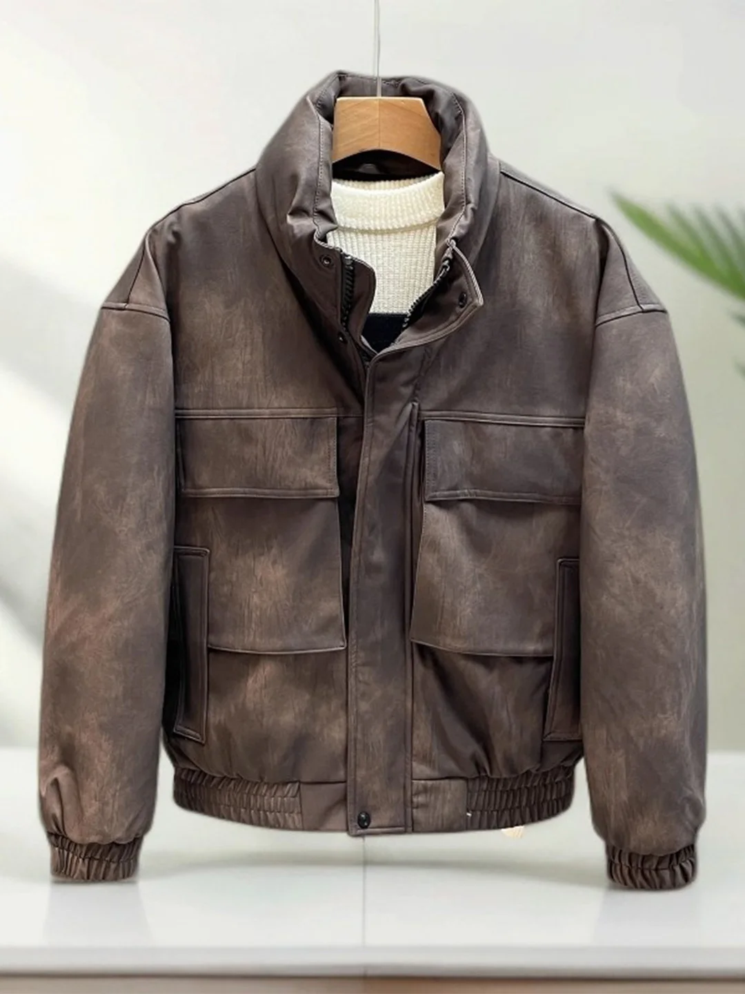 

Men's Heavyweight PU Leather Jaet down Jaet Tie-Dye White Du down Warmth Large ket Winter Outdoor Sle Workwear Coat