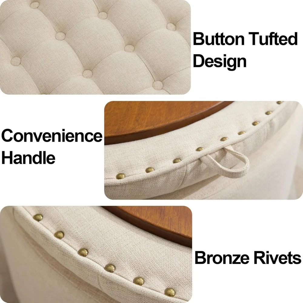 طاولة قهوة عثمانية مستديرة للتخزين مع سطح منجد وصينية قلابة وأرجل خشبية لمساحات المعيشة وغرف النوم #3