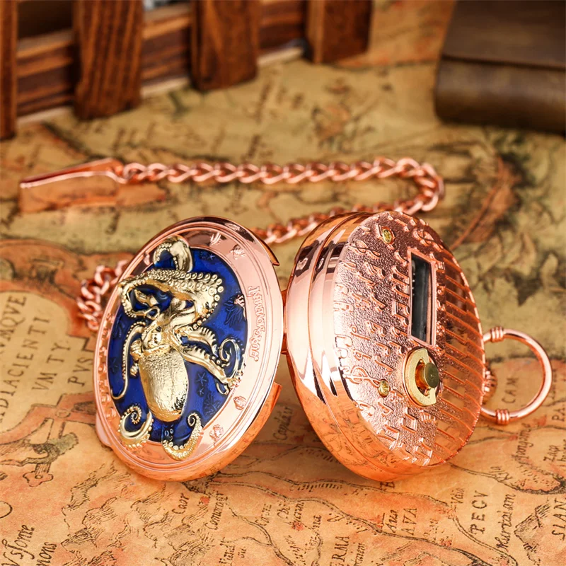 Antike Bronze-Taschenuhr mit Oktopus-Prägung und Quarzwerk, die das Lied „Castle in the Sky“ spielt – Detail 10