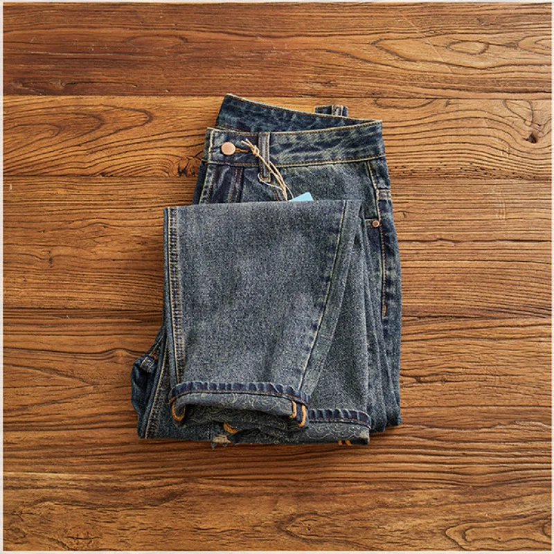 

Fashionable street jeans for men, retro patchwork patches, loose tapered small straight leg denim pants with holes