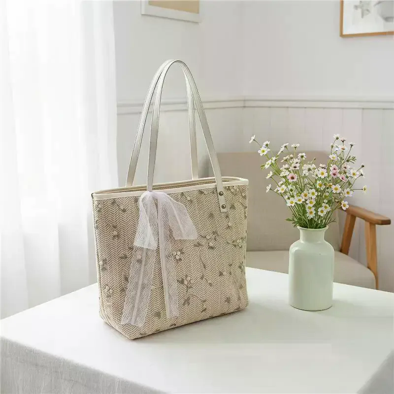 Woven Straw Tote Bag With Floral Embroidery And Lace Bow Detail Shoulder Bag Perfect For Daily Commute Beach Trips Shopping
