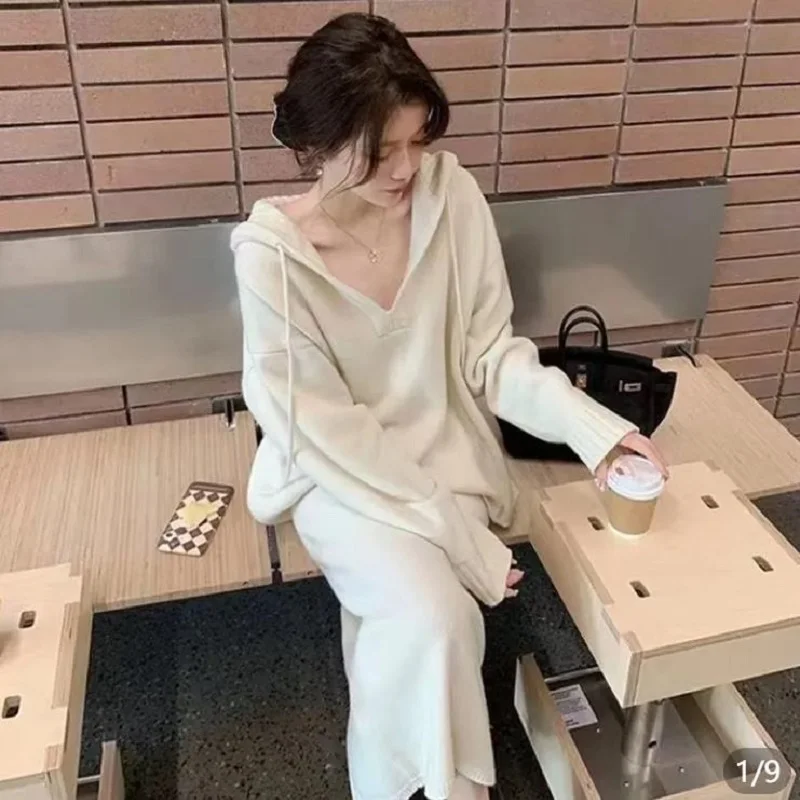 Autumn korean style clothes Knitted suit with skirt clothing women trends 2026 two piece skirt long set 2 piece outfit  Hooded image 2