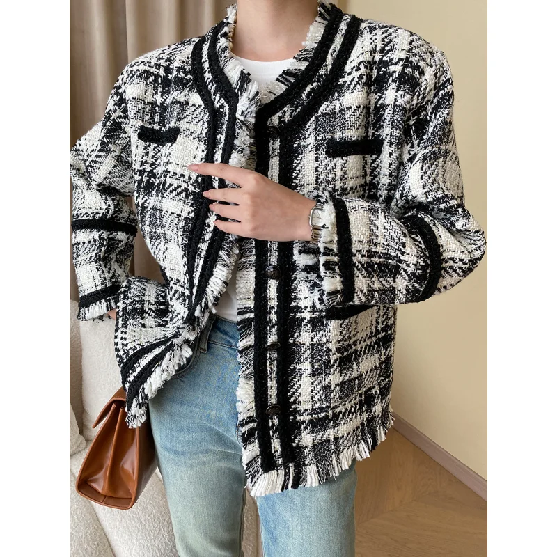 

Casual Loose Fashion Autumn Winter Weaving Small Fragrant Wind with Long Sleeves Korea Chic O Neck Tweed Tassel Plaid Women Coat