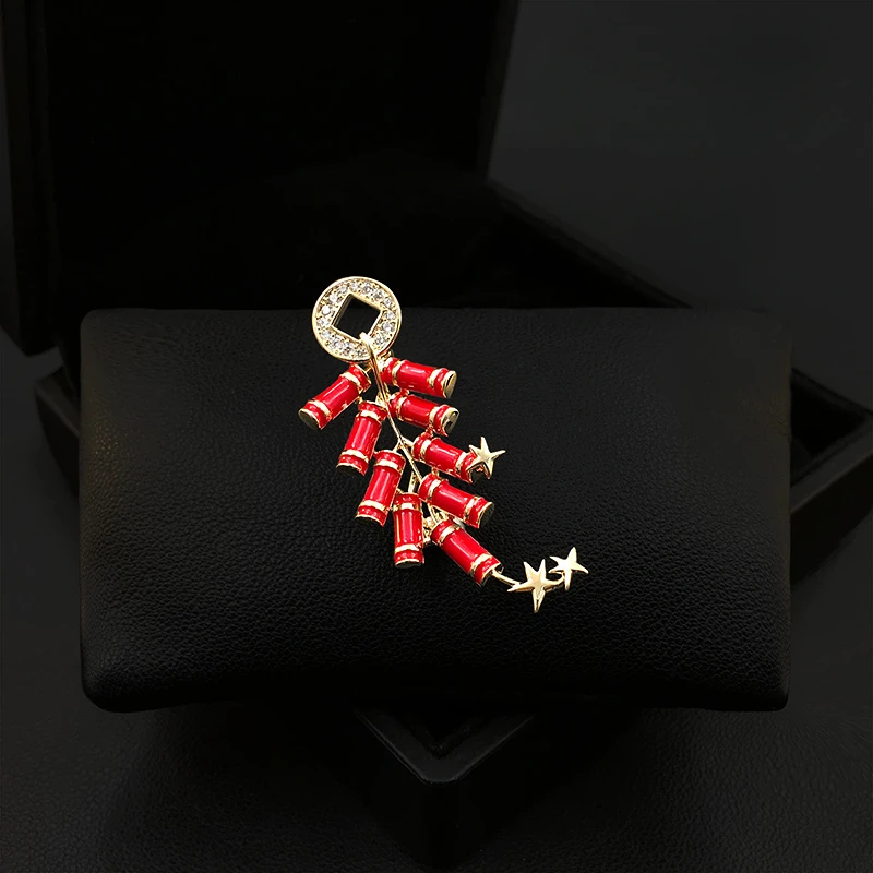 Lucky Red Firecrackers Brooch Chinese Style Festive Corsage Suit Coat Neckline Accessories Collar Enamel Pins Gifts Jewelry 5527