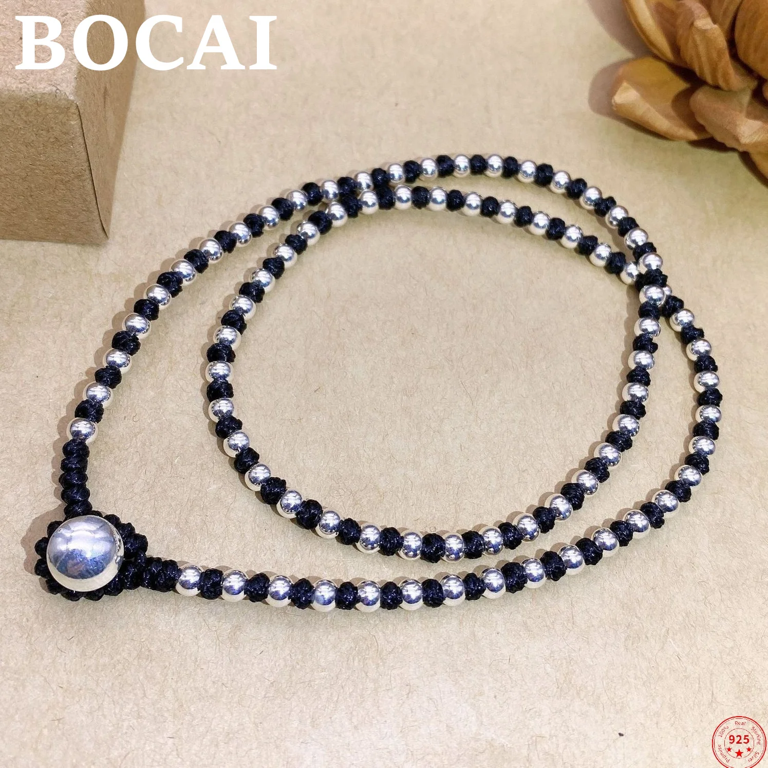 BOCAI 100% S999 Sterling Silver Necklaces for Women Men Fashion Handweaven Wax Rope Knots Argentum Beads Jewelry Wholesale