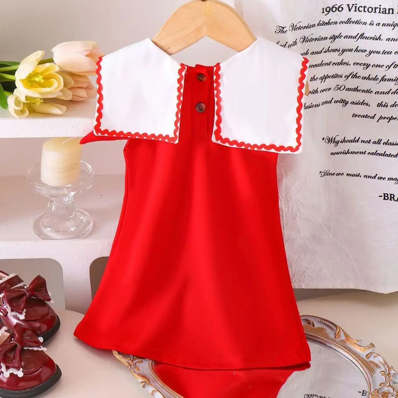 New Summer Kids Girls Red Dress French Chic White Contrast Collar Elegant Princess Party Dress For Toddlers for 6M-3Y