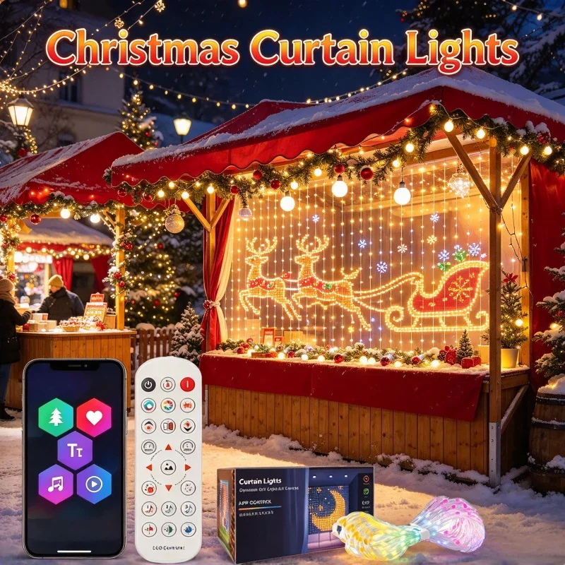 diy-ピクセルクリスマスカーテンライト。スマートフォンアプリで操作可能。音楽に合わせて点灯し、サンタクロースの姿を映し出す。新年のお祝いに最適。寝室やパーティー、家の装飾に。