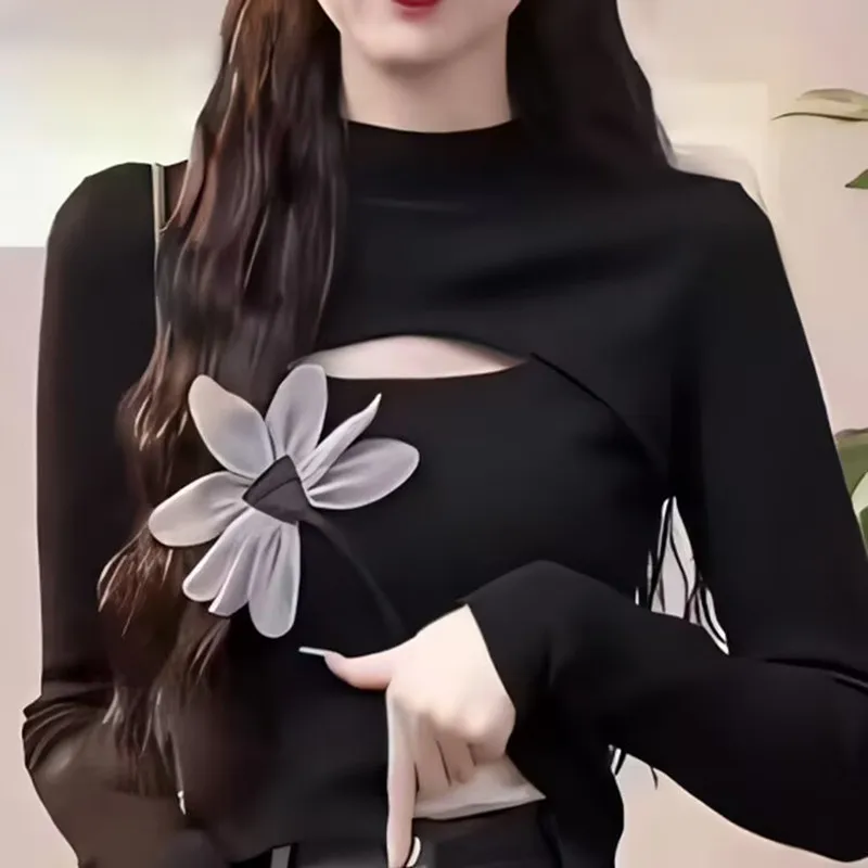 

Long Sleeve T-shirt 2025 Spring Autumn Women Hollow-out Base Shirt Female Flowers Blouses Half High Neck Pullover Top