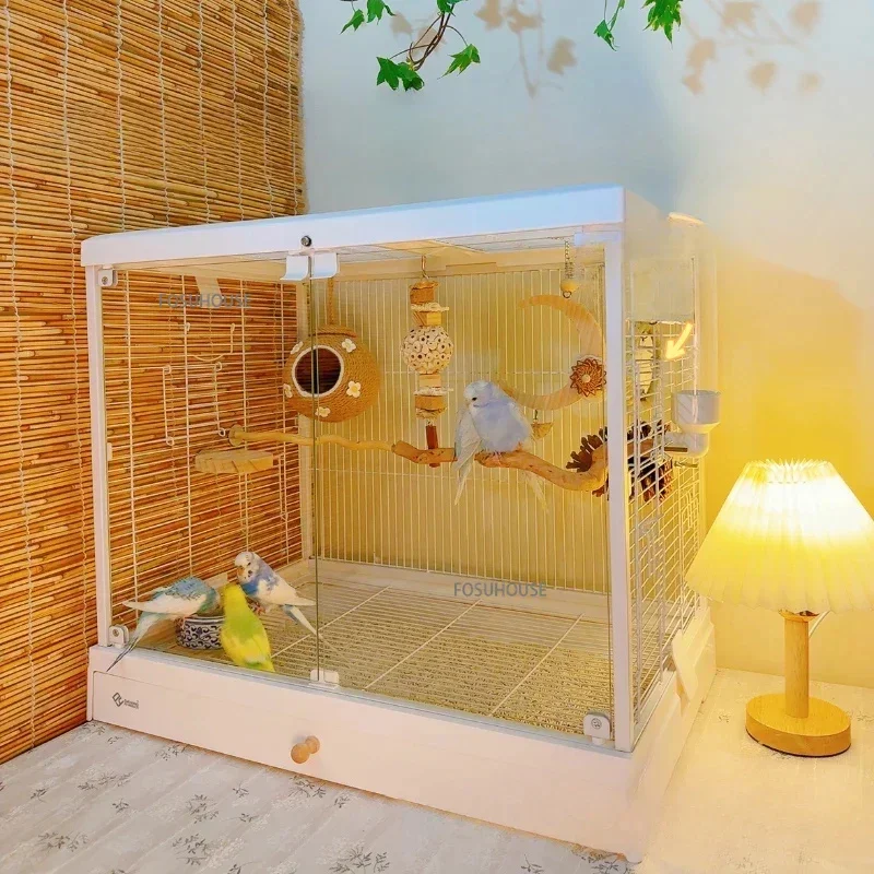 A Large Transparent Ornamental Glass Bird Cage Home Parrot Cage Villa Tiger Skin Peony Black Phoenix Breeding Cage Pet Furniture