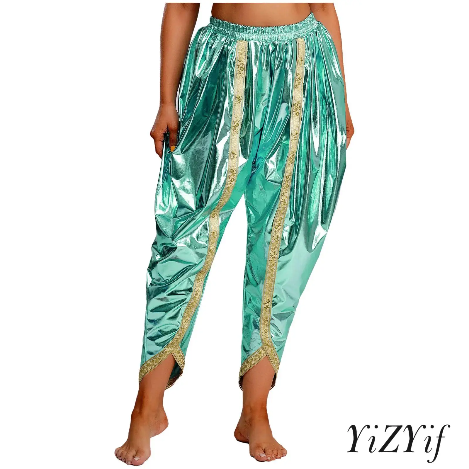 

Womens Indian Dhoti Pants Gold Brocade Trim Elastic Waistband Metallic Shiny Arab Baggy Pants Harem Palazzo Pants Party Clubwear