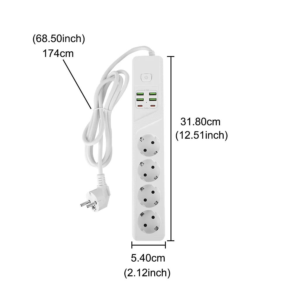 EU Plug Power Socket 100V-250V 10A 3000W Office Socket Expansion Board 4 Ports AC Outlet 5V/4.2A USB Type-C Charger Adapter