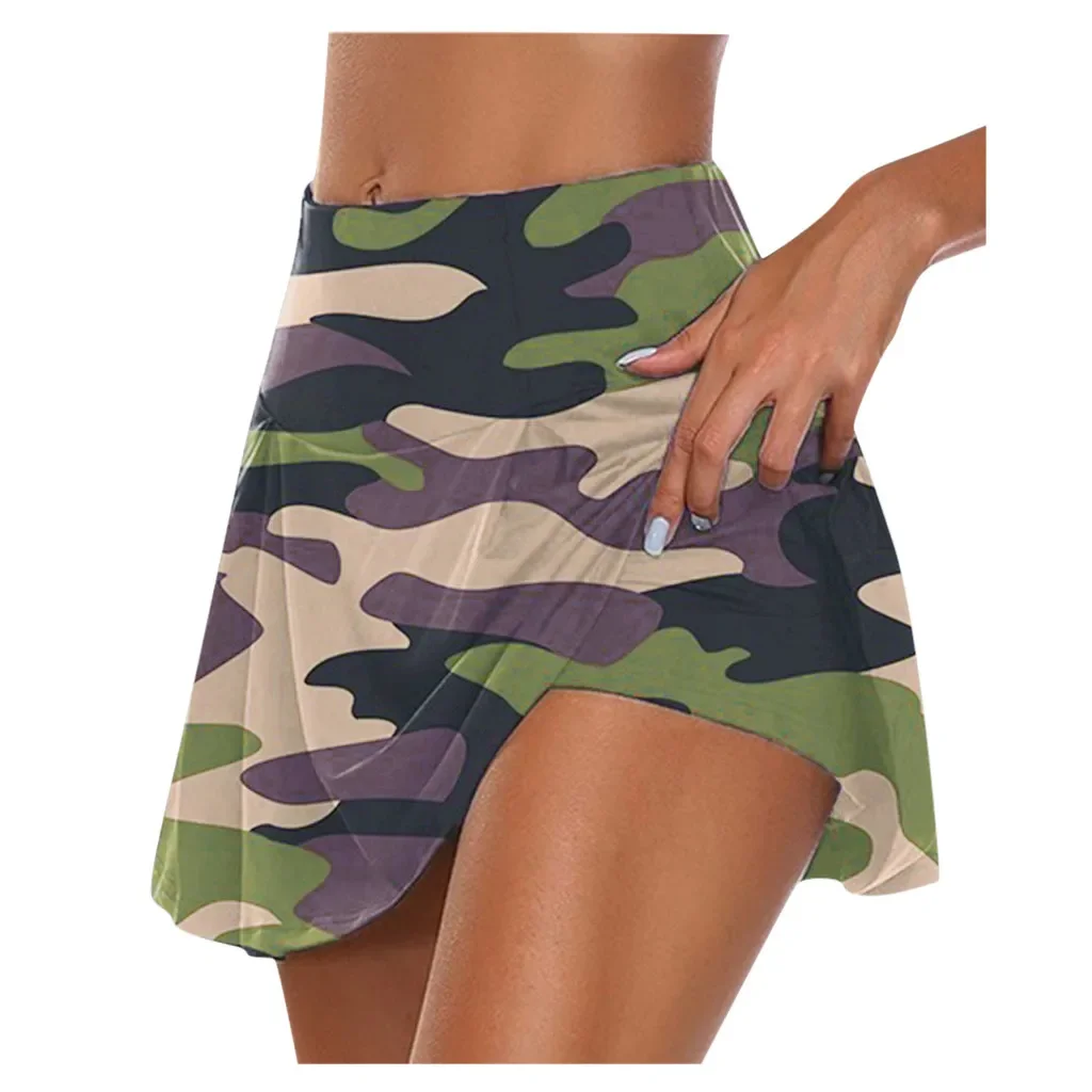 

Women Fashion Fitness Leggings Double-Layer Camouflage Sports Shorts Casual Plus Size High Waist Stretch Short Skirt