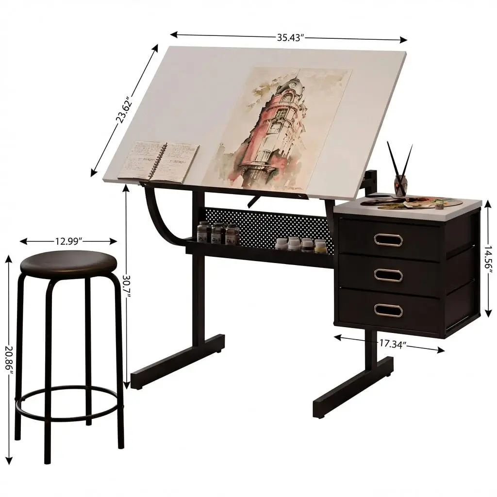 Adjustable Art Desk with Storage, 0-75° Tilting Drafting Table, 3 Drawers, Free Stool, Ideal for Diamond Painting, Architecture