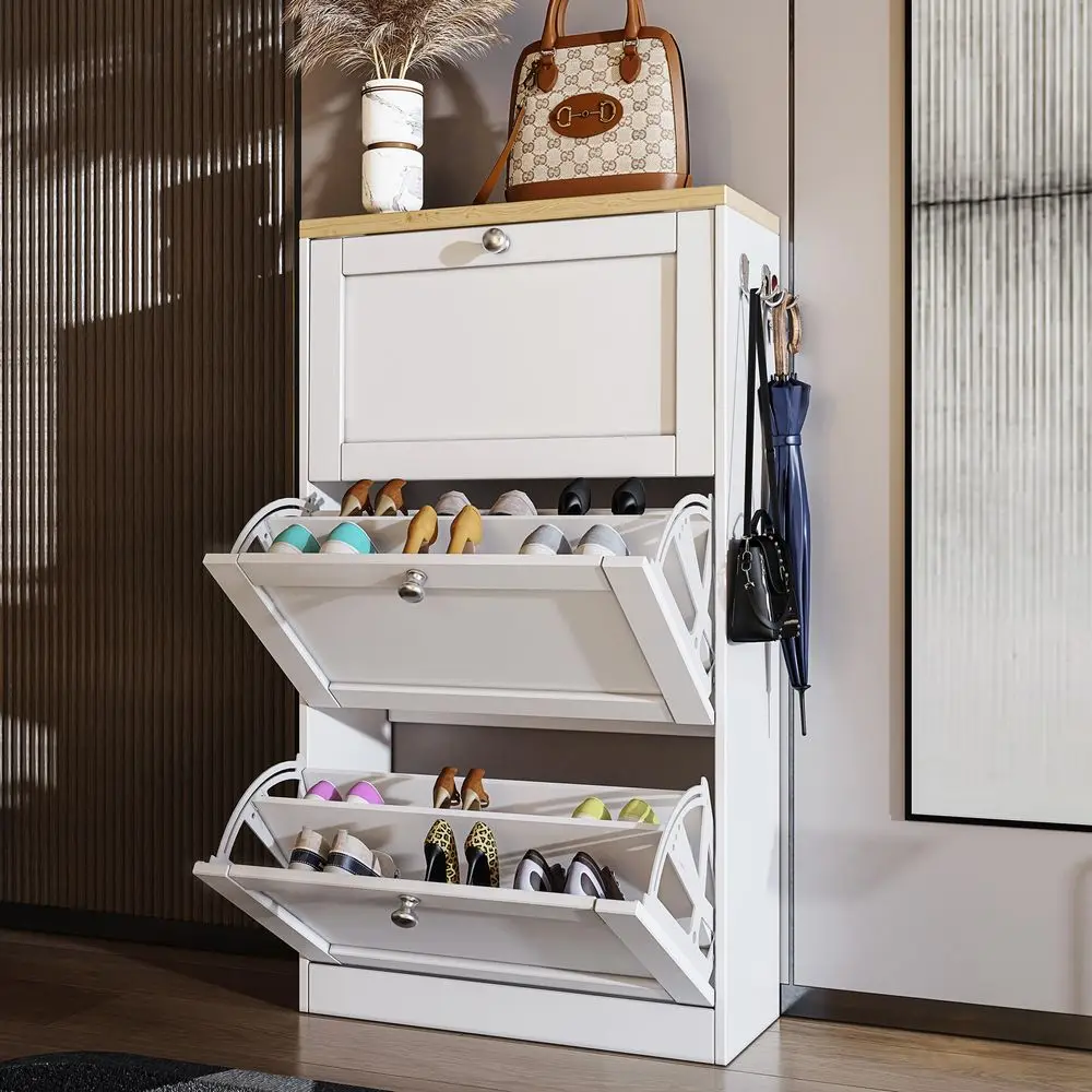 Storage Cabinet with 3 Flip Drawers Shoe Cabinets Wooden Slim Rack Cabinet Cupboard Freestanding Storage Organiser for Hallway