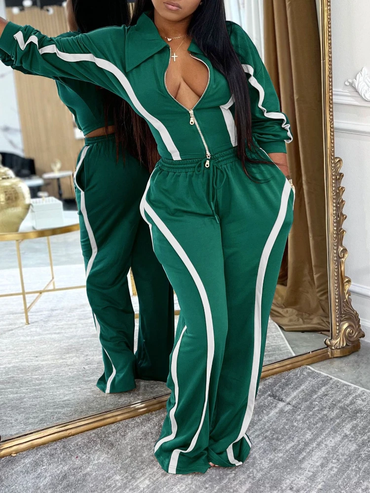 Hosen-Set für Damen Zweiteiliges Set Gestreifter Umlegekragen Langarm-Mantel Lange Hose Elastischer Bund Schnürung Mix & Match Design Frühling 2026