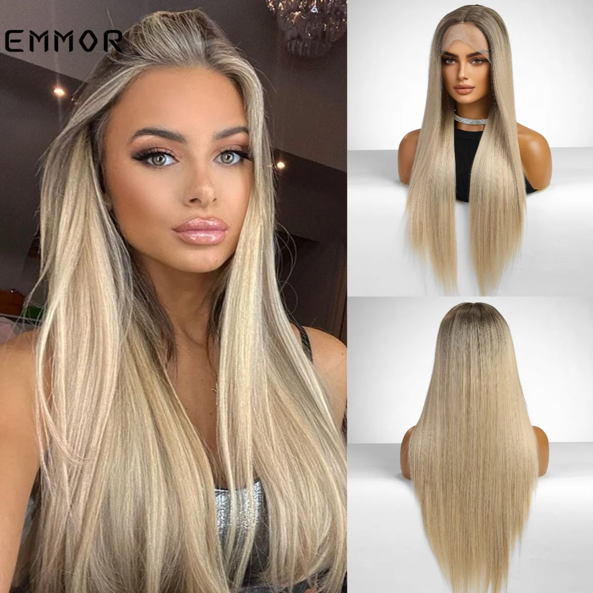 

Emmor Synthetic T-part Lace Frant Wig Middle Part Long Straight Blonde Wigs for Women Heat Resistant Daily Party Use Wig