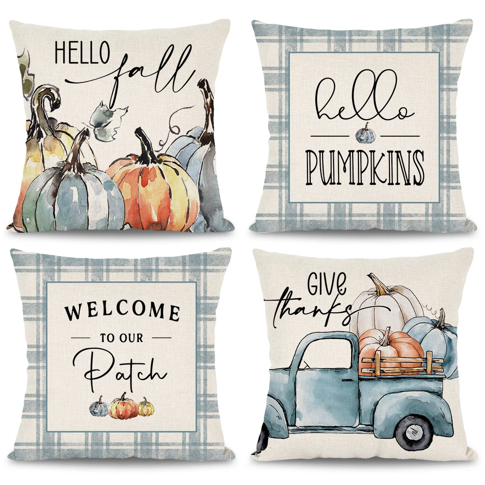 1pc/4pcs Autumn Watercolor Pumpkin Pillowcover Pumpkin Truck Light Blue Plaid Sofa Cushion Cover Happy Autumn Harvest Home Decor