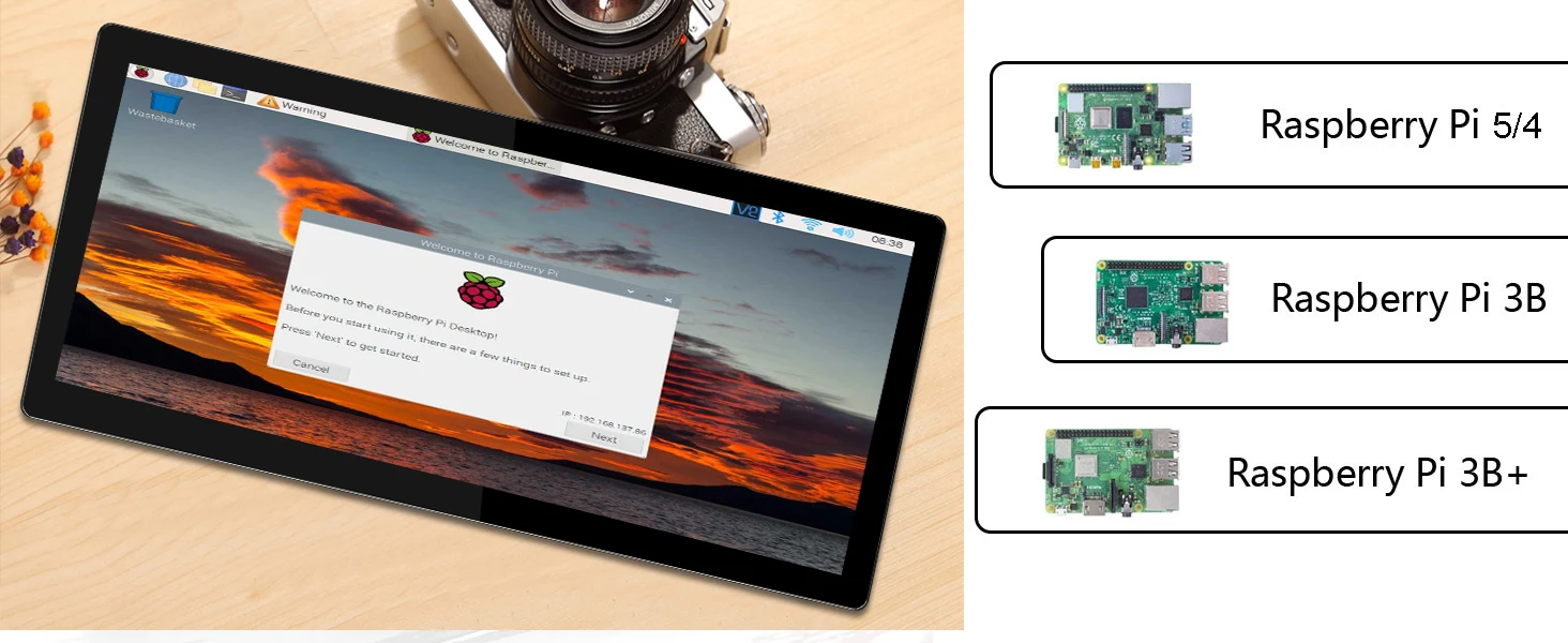 Text reads 'Raspberry Pi G4' and 'Raspberry Pi 3B'. Multiple views of Raspberry Pi computer boards with displays showing interface screens.
