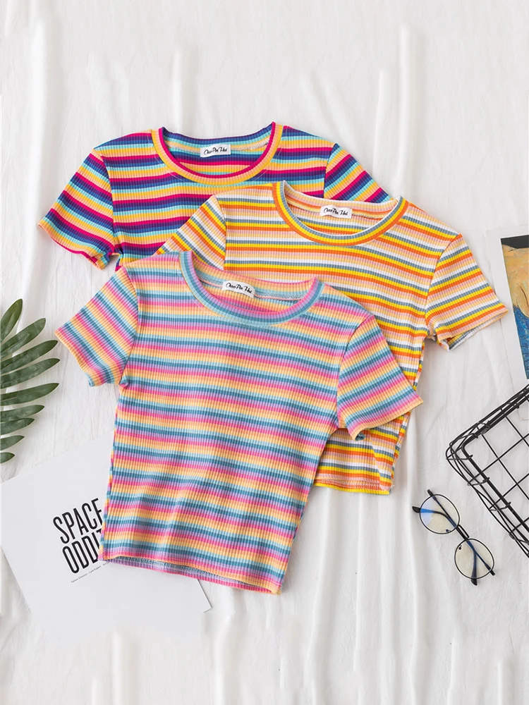 New T Shirt Women Rainbow Striped Tops Slim Fit t shirt Harajuku Tshirt Summer Short Sleeve Korean T-shirt feminina Clothes Tops