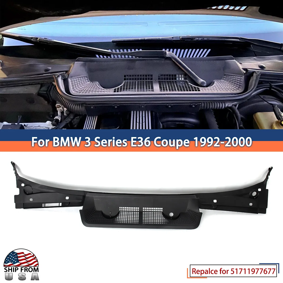 For 1992-2000 BMW 3 Series E36 Coupe 325i 328i Front Windshield Wiper Vent Cowl Grille Panel 51711977677 Windshield Cowl Grille