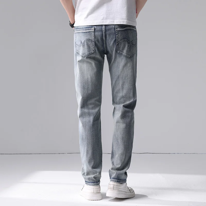 Printemps automne coton hommes bleu mince jean droit affaires décontracté Stretch Denim pantalon mâle marque pantalon ample
