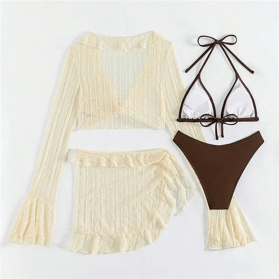 4-piece Swimsuit Set  For Women Tie-up Cover-up Bra Briefs and Mini Skirt Bikini Set