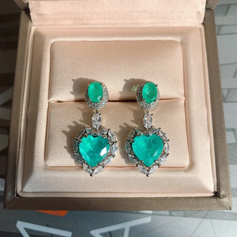 Vintage Heart Paraiba Tourmaline Emerald Gemstone Drop Earrings for Women Wedding Fine Tassel Jewelry