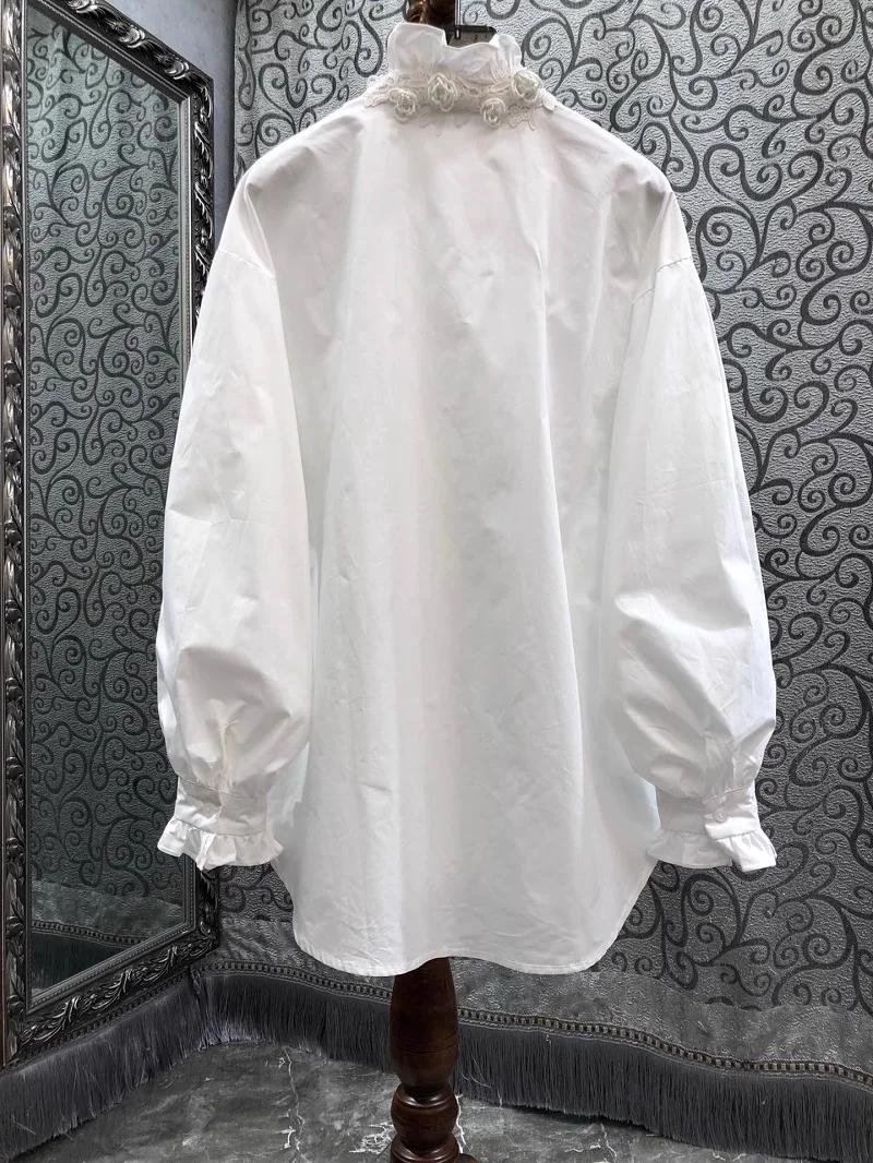 High Quality New Blouse Shirt 2025 Spring Women Ruffle Collar Flower Beading Flower Deco Long Sleeve White Black Loose Shirts