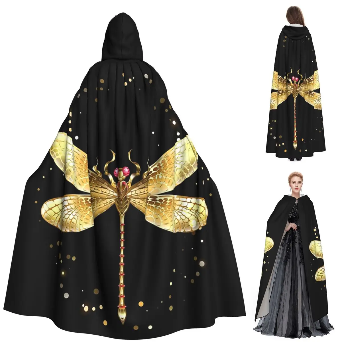 

Длинный плащ с капюшоном золотого стрекозы, средневековый костюм ведьмы, накидка для косплея, накидка на Хэллоуин, вампир, для взрослых, унисекс