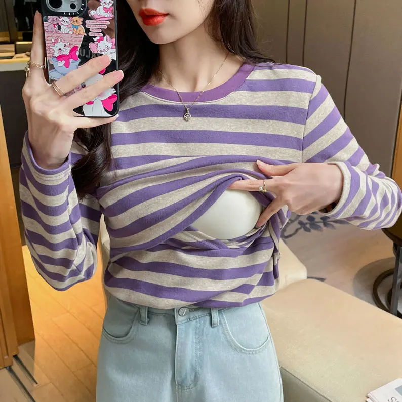 

Autumn Winter Slim Soft Long Sleeve Breastfeeding T-shirts Pregnancy Tops 100% Striped Brushed Cotton Maternity Nursing Tees