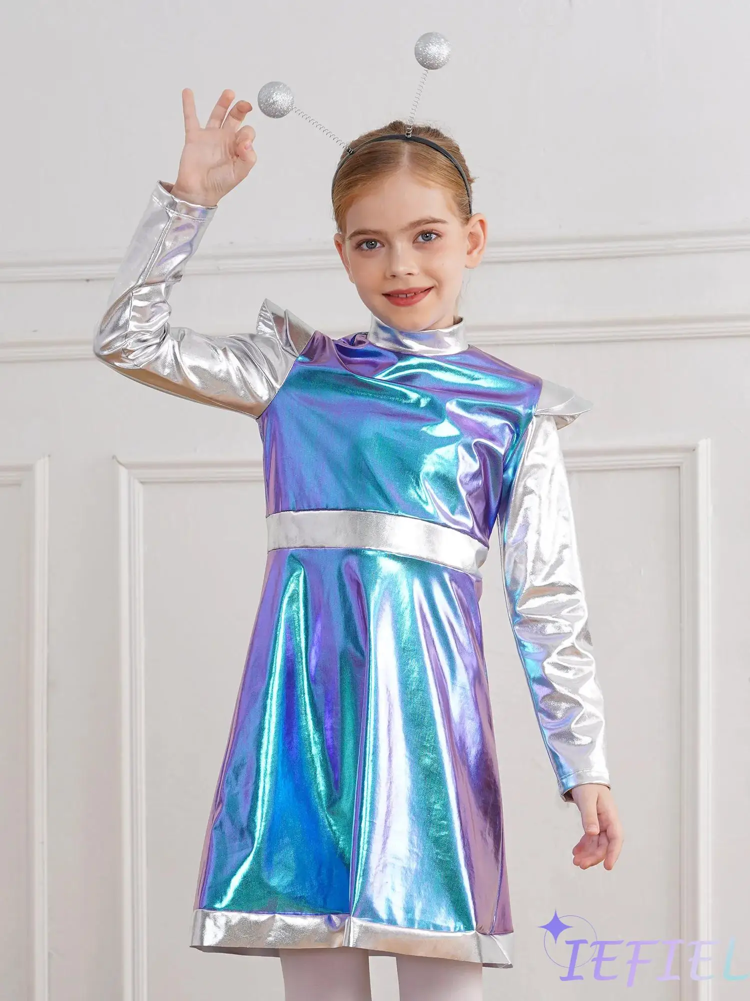 

Little Girls Alien Cosplay Costume Outer Space Cutie Costume Metallic Dress with Hair Hoop Astronaut Halloween Party Outfit