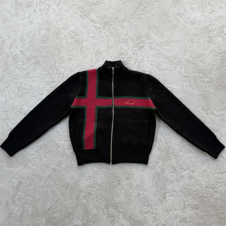 

Вязаный кардиган на молнии для мужчин и женщин с воротником-стойкой в черно-белую полоску, теплый и дышащий, с длинными рукавами.