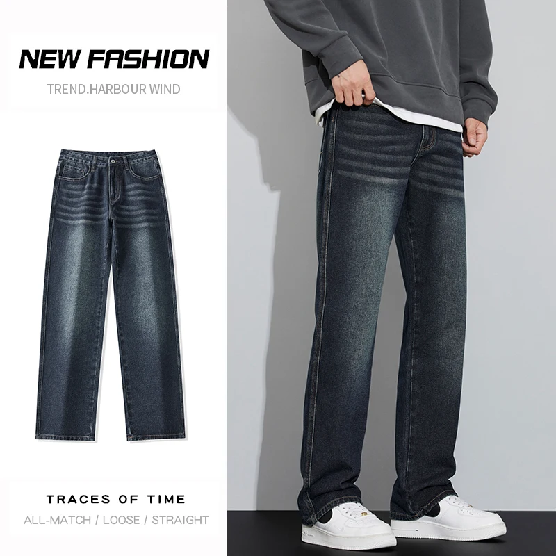 

Autumn New Korean Straight Jeans Men's Vintage Washed Fashion High Street Baggy Wide Casual Denim Trousers Male Streetwear