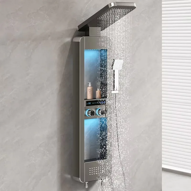 Ensemble de douche moderne en acier inoxydable, finition brossée, robinet thermostatique à pulvérisation douce, mural, écran de douche à poignée unique, hôtel