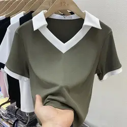 European contrasting color lapel short-sleeved V-neck T-shirt for women 2025 summer new versatile slim polo shirt T-shirt top