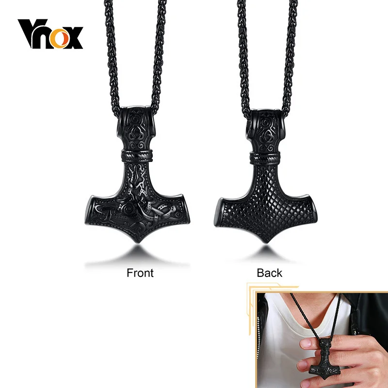 Vnox Men's Vintage Retro Norse Viking Necklaces, Rock Punk Thor Mjolnir Hammer Pendant,Scandinavian Nodic Amulet Rune Jewelry