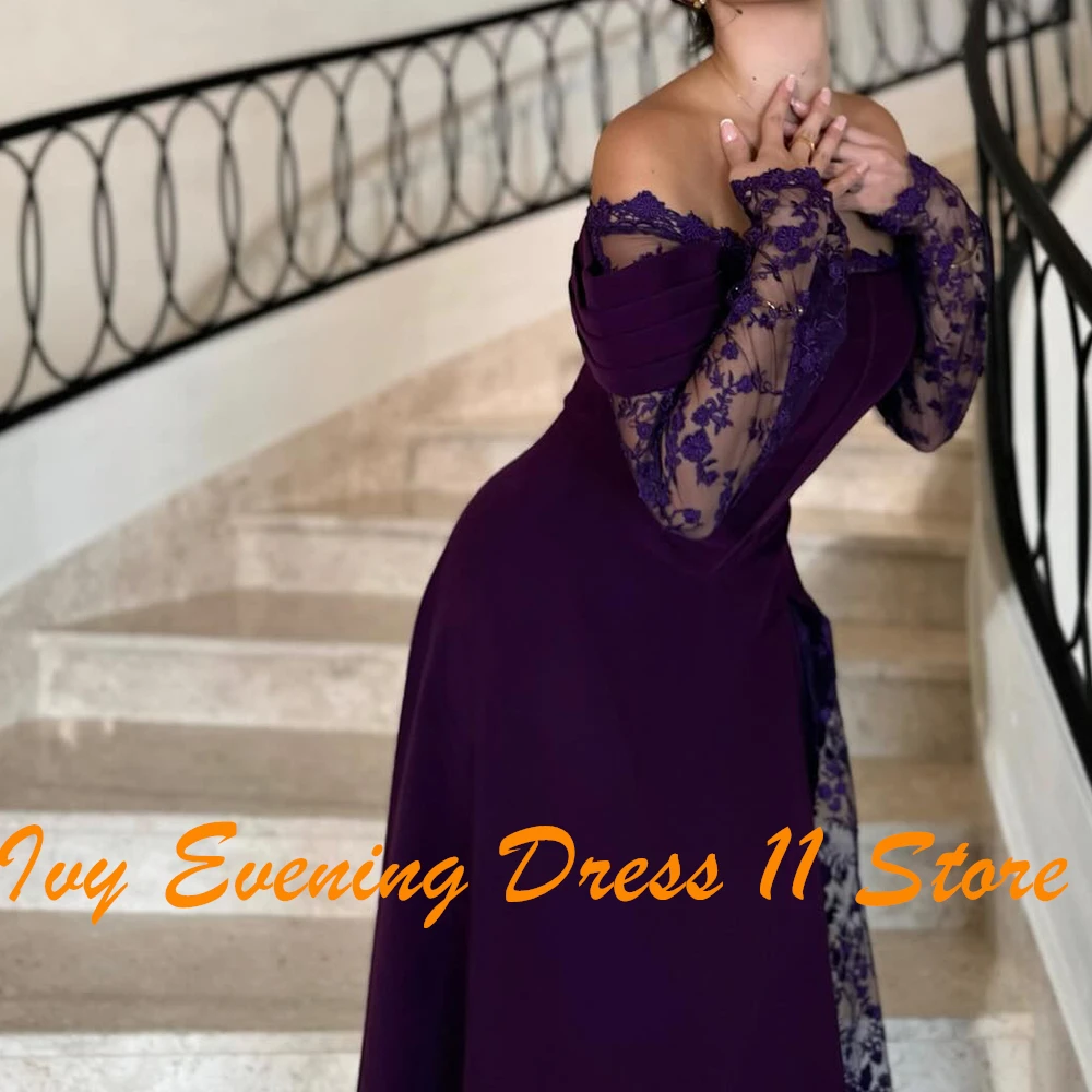 Customized Classic Boat Neck Off the Shoulder Long Sleeves Jersey Evening Dress Graceful Lace Pleats Photo Color Party Gown image 6