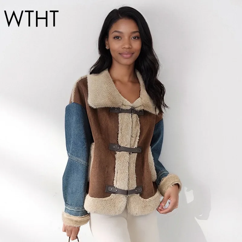 

WTHT новая модная женская джинсовая теплая куртка с плюшевым дизайном, зима 2025, модное пальто с длинными рукавами и лацканами, женское 1LS2616