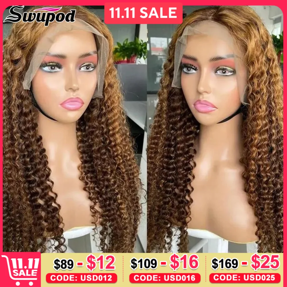 Swupod 13x4 13x6 HD Lace Front Perücke für Frauen Kinky Curly Deep Wave Remy Echthaar P4/27 Ombre Blonde Brown Highlight Glueless