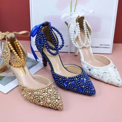 White Bride Wedding shoes Pearl Royal Blue Thin Heels Party Dress Shoes Women Champagne gold Fashion Sandal Ankle Strap