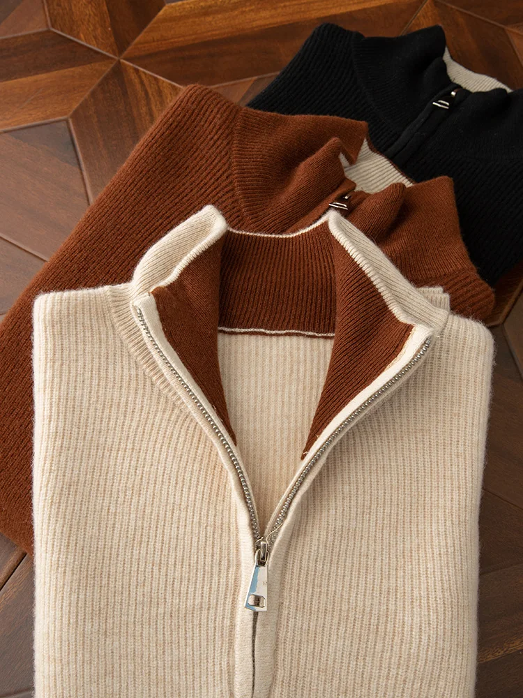 Suéter de cuello alto con cremallera para hombre, ropa cómoda de punto de lana pura, 3 colores disponibles, otoño e invierno, nuevo